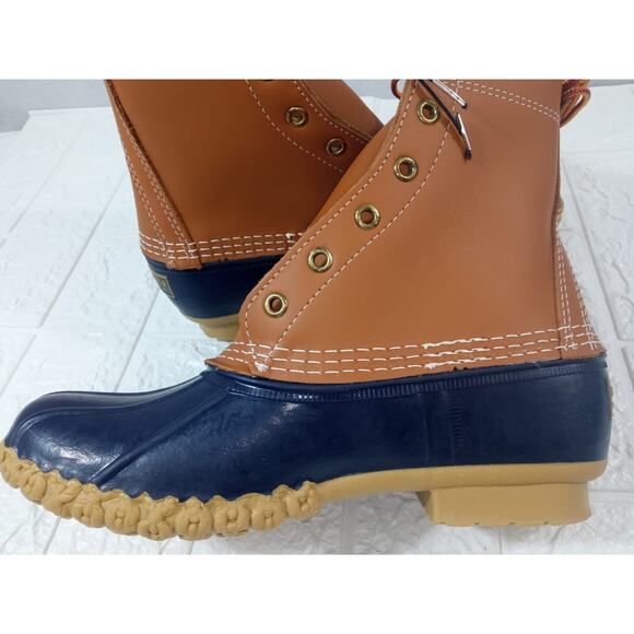 L.L.Bean Boots Duck DM Leather Waterproof Rain Brown Blue USA Made W 8 M 7 NEW! - Picture 5 of 8